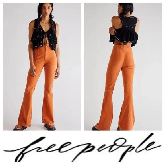 Free People Pants - Free People We The Free Jayde Corduroy High Rise Flare Jeans in Burnt Orange 28